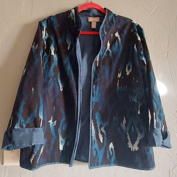 Women Blue & Black Abstract Print Jacket  Open Front, 3/4 Sleeve, Lightweight XL - Picture 2 of 11